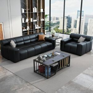 Modern Black Leather Office Sofa Set with Solid Wood Frame – 3+1+1 and 3+1 Seater Commercial Lounge Furniture
