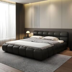 Modern Platform Bed Frame with Padded Headboard, Queen & King Size, Black (140x200cm)