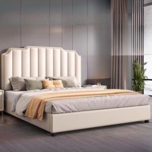 Modern Striped Panel Bed Frame, Ivory Upholstered Headboard, Contemporary Bedroom Furniture