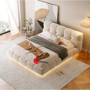 Modern Upholstered LED Bed Frame – Tufted Headboard, Soft Fabric –No Mattress – 7 Colors – King/Queen Sizes – Sleek Platform Design