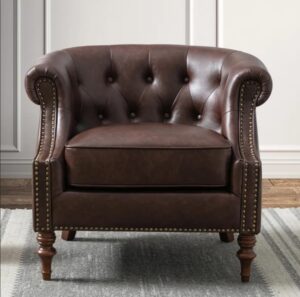 Antique-Style Button Tufted Leather Accent Chair – Timeless Statement Piece for Living Room, Bedroom, or Office